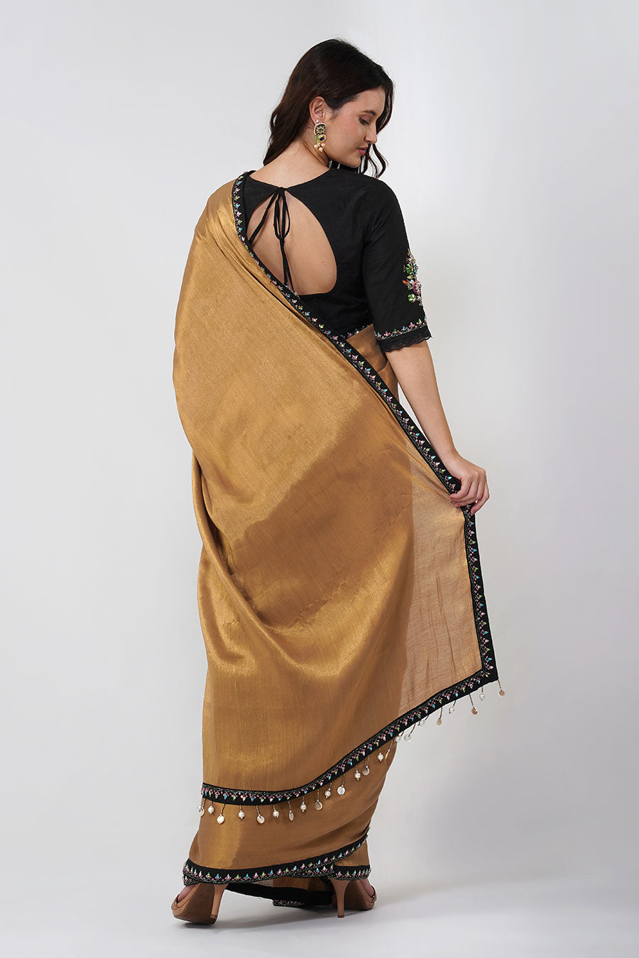 Gold Crystal Leaf Pre-Stitched Saree Set