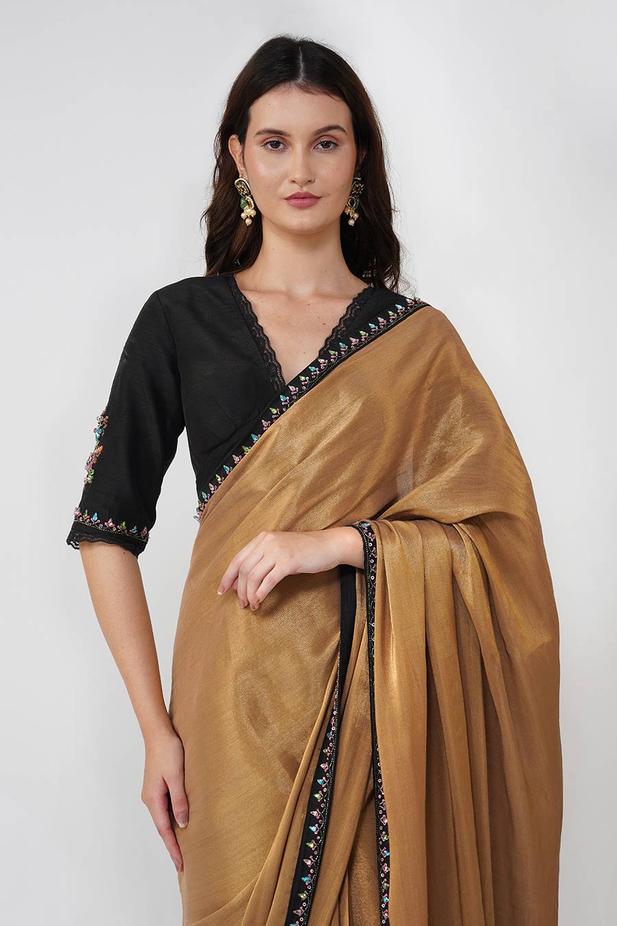 Gold Crystal Leaf Pre-Stitched Saree Set