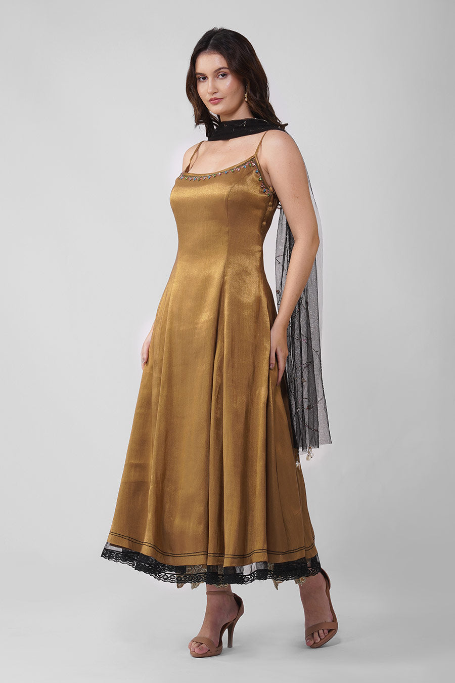 Gold Crystal Leaf Embroidered Anarkali Set