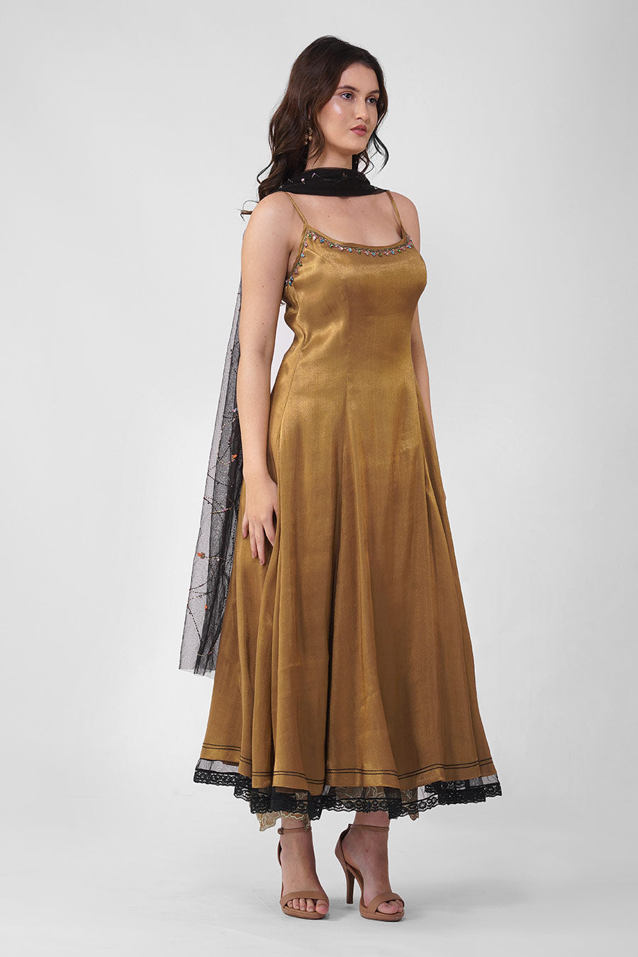 Gold Crystal Leaf Embroidered Anarkali Set