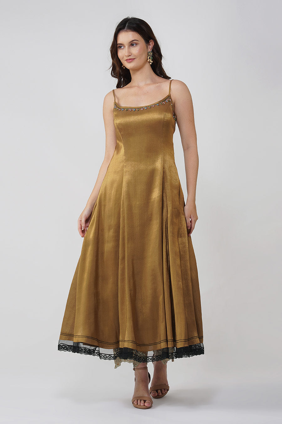 Gold Crystal Leaf Embroidered Anarkali Set