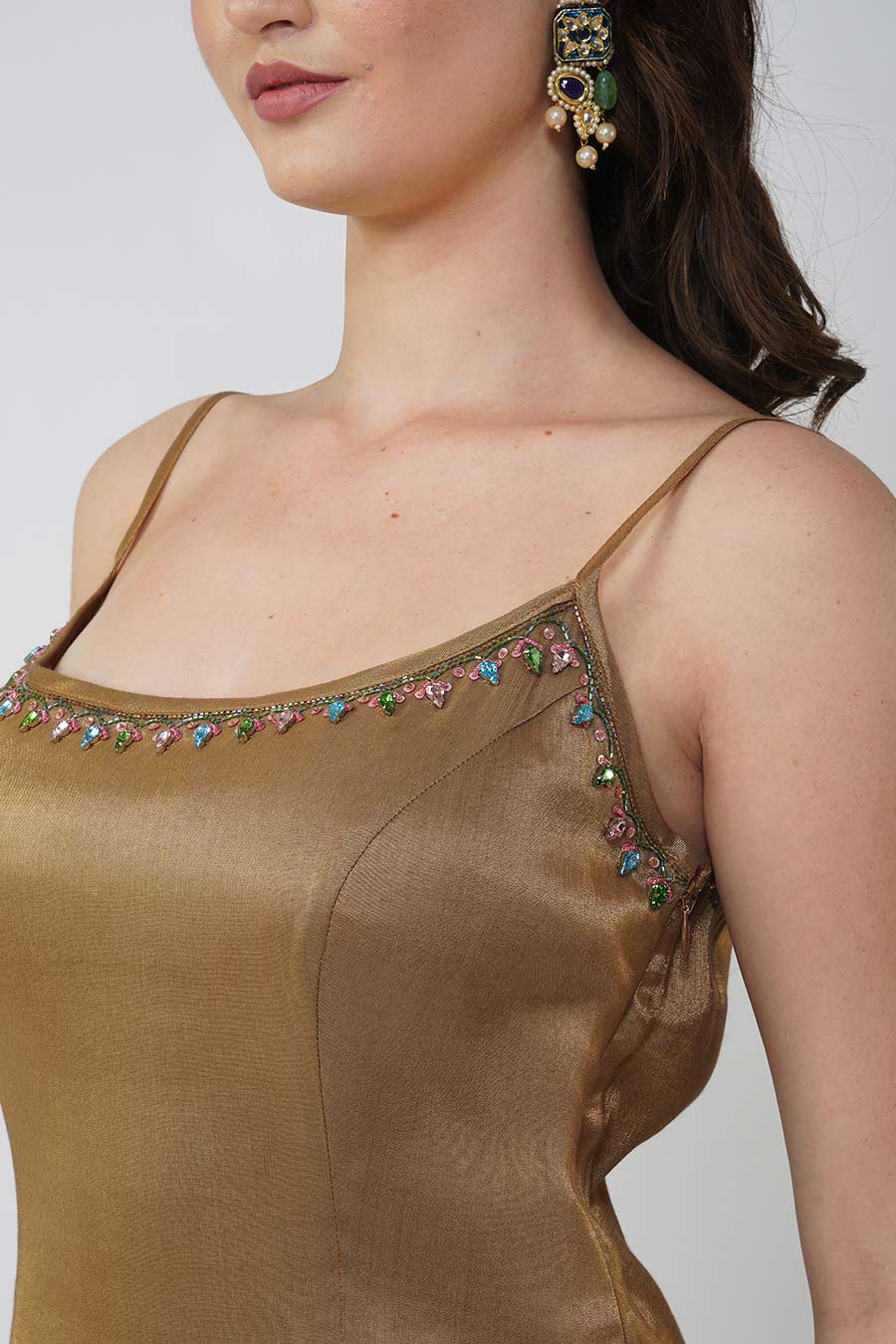 Gold Crystal Leaf Embroidered Anarkali Set
