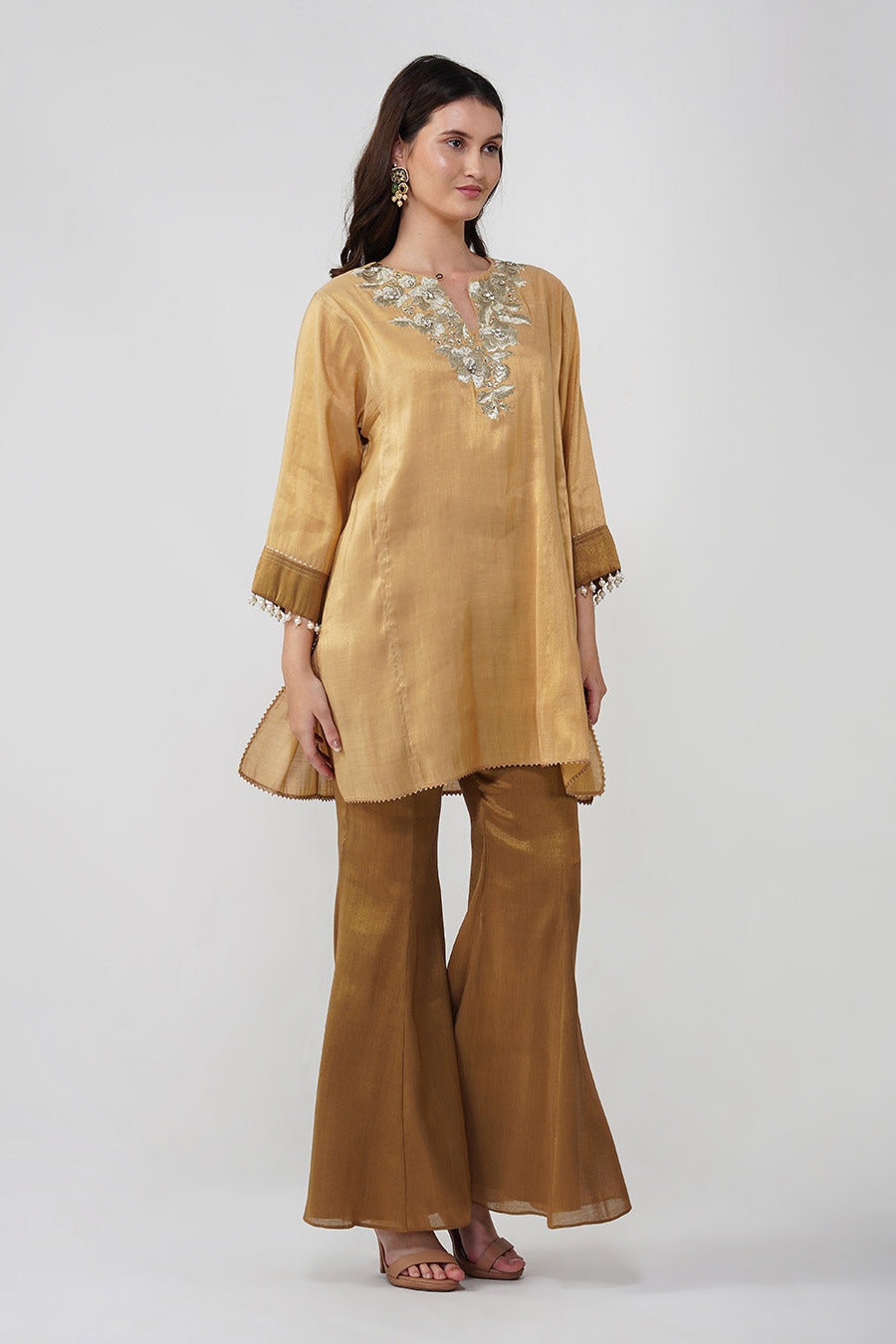 Gold Flower Embroidered Tunic & Pant Set