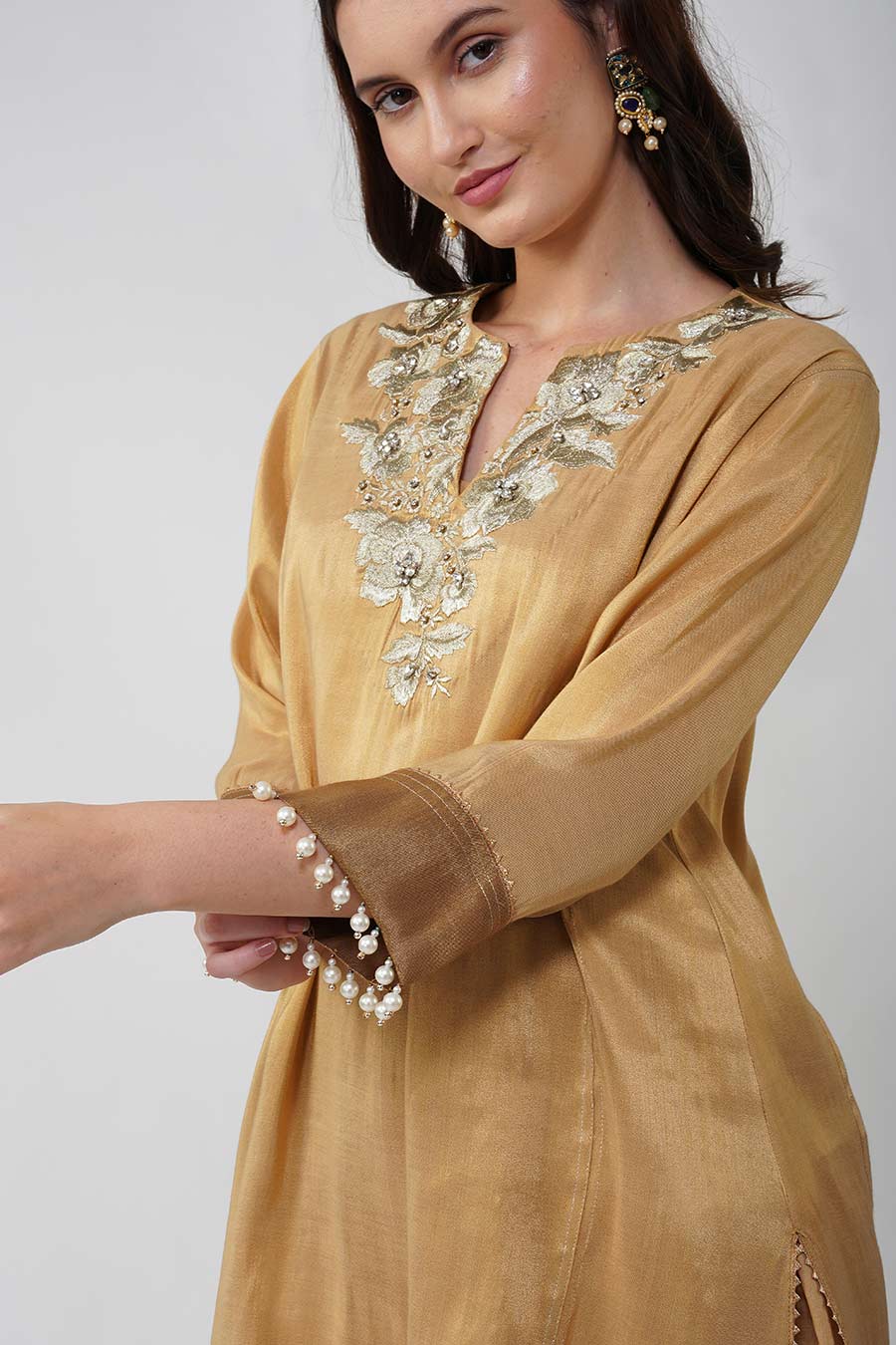 Gold Flower Embroidered Tunic & Pant Set