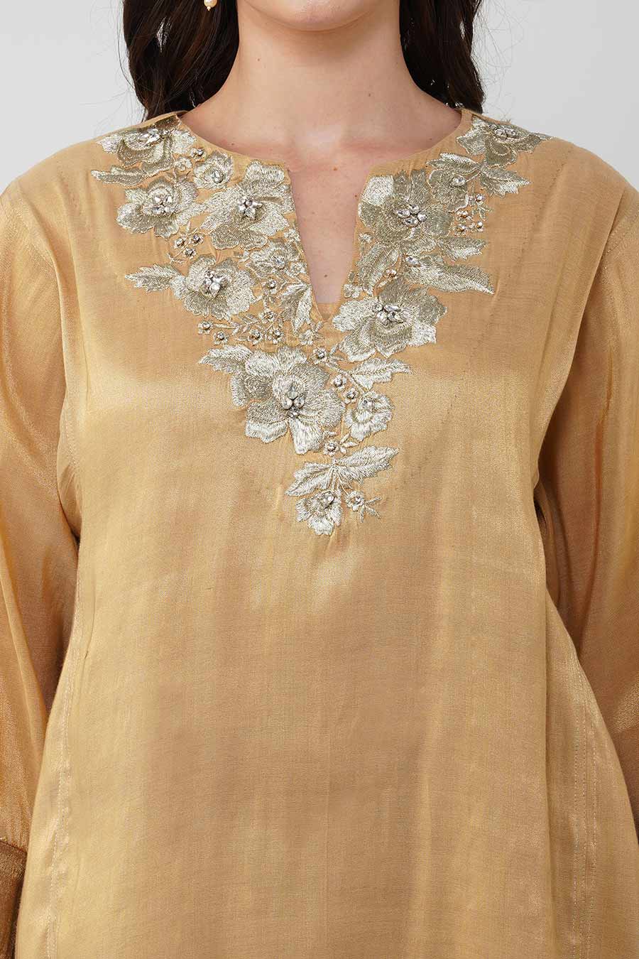 Gold Flower Embroidered Tunic & Pant Set
