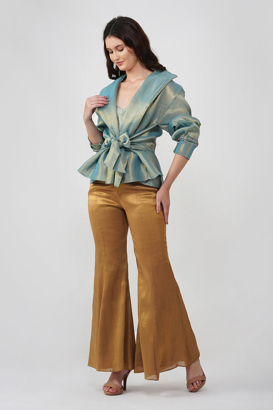 Blue & Gold Crystal Flower Tie-Up Jacket Set