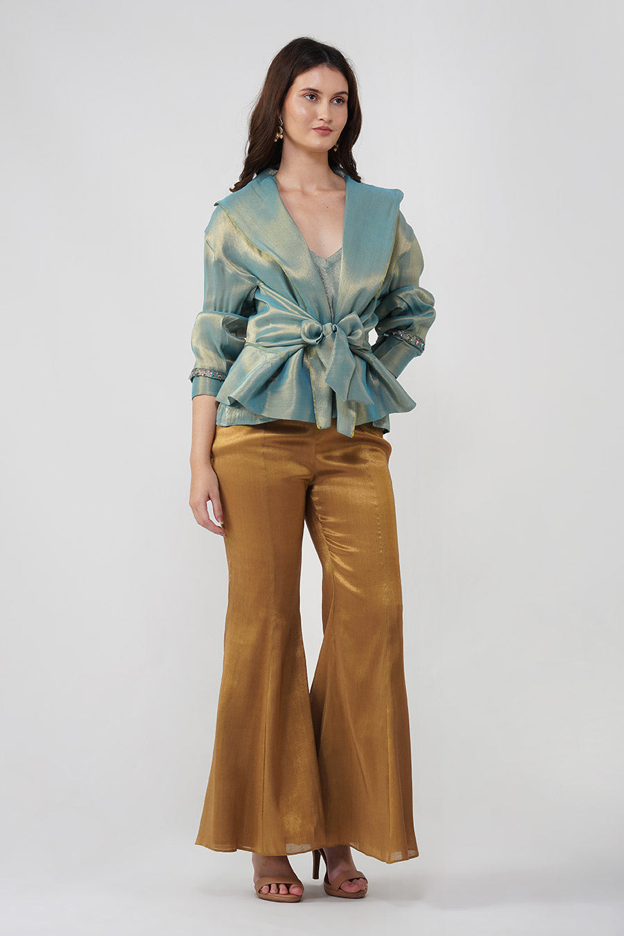 Blue & Gold Crystal Flower Tie-Up Jacket Set