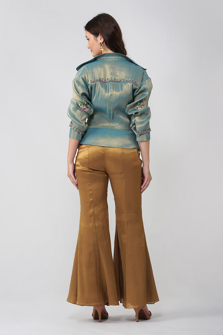 Blue & Gold Crystal Flower Tie-Up Jacket Set