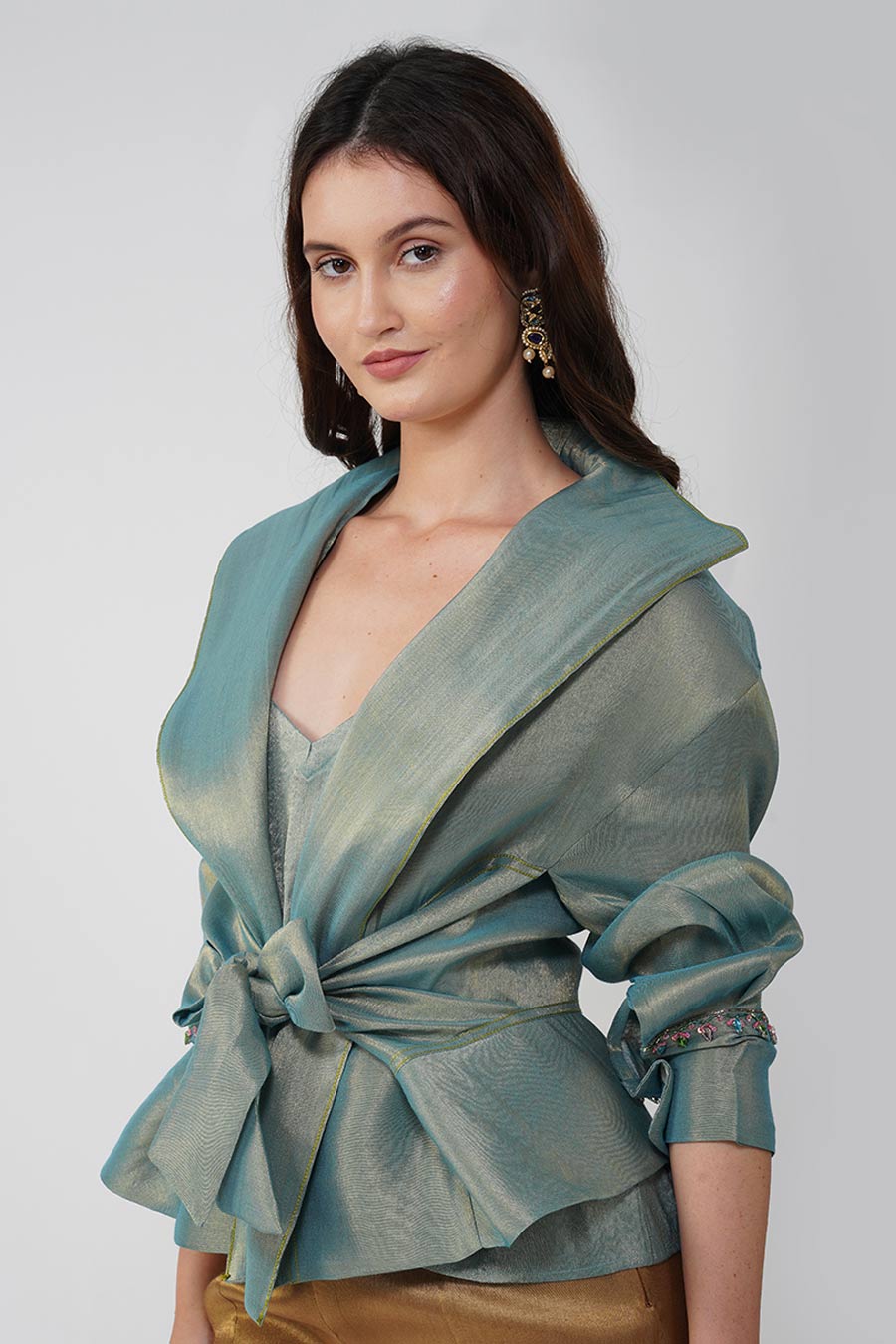 Blue & Gold Crystal Flower Tie-Up Jacket Set