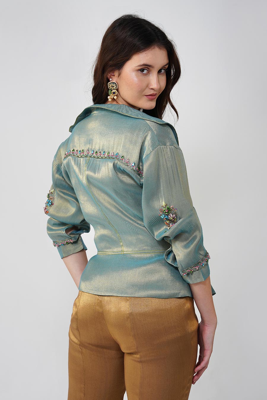 Blue & Gold Crystal Flower Tie-Up Jacket Set