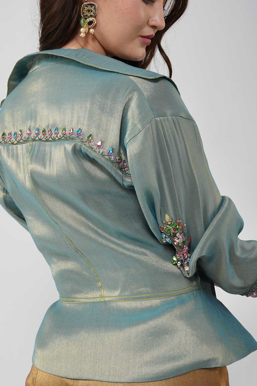 Blue & Gold Crystal Flower Tie-Up Jacket Set