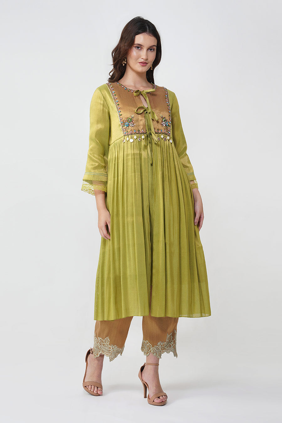 Green Crystal Flower Gathered Kurta & Pant Set