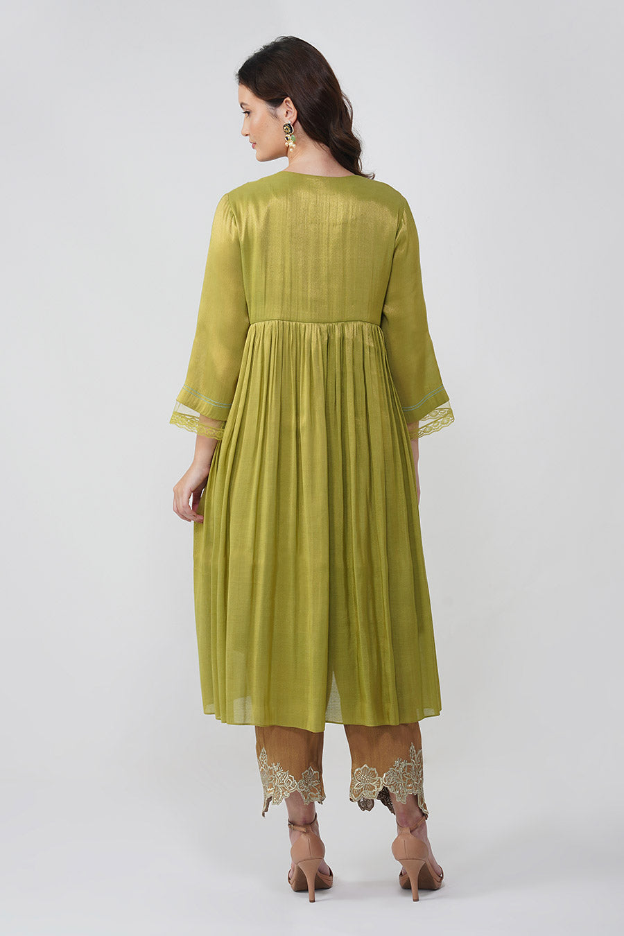 Green Crystal Flower Gathered Kurta & Pant Set