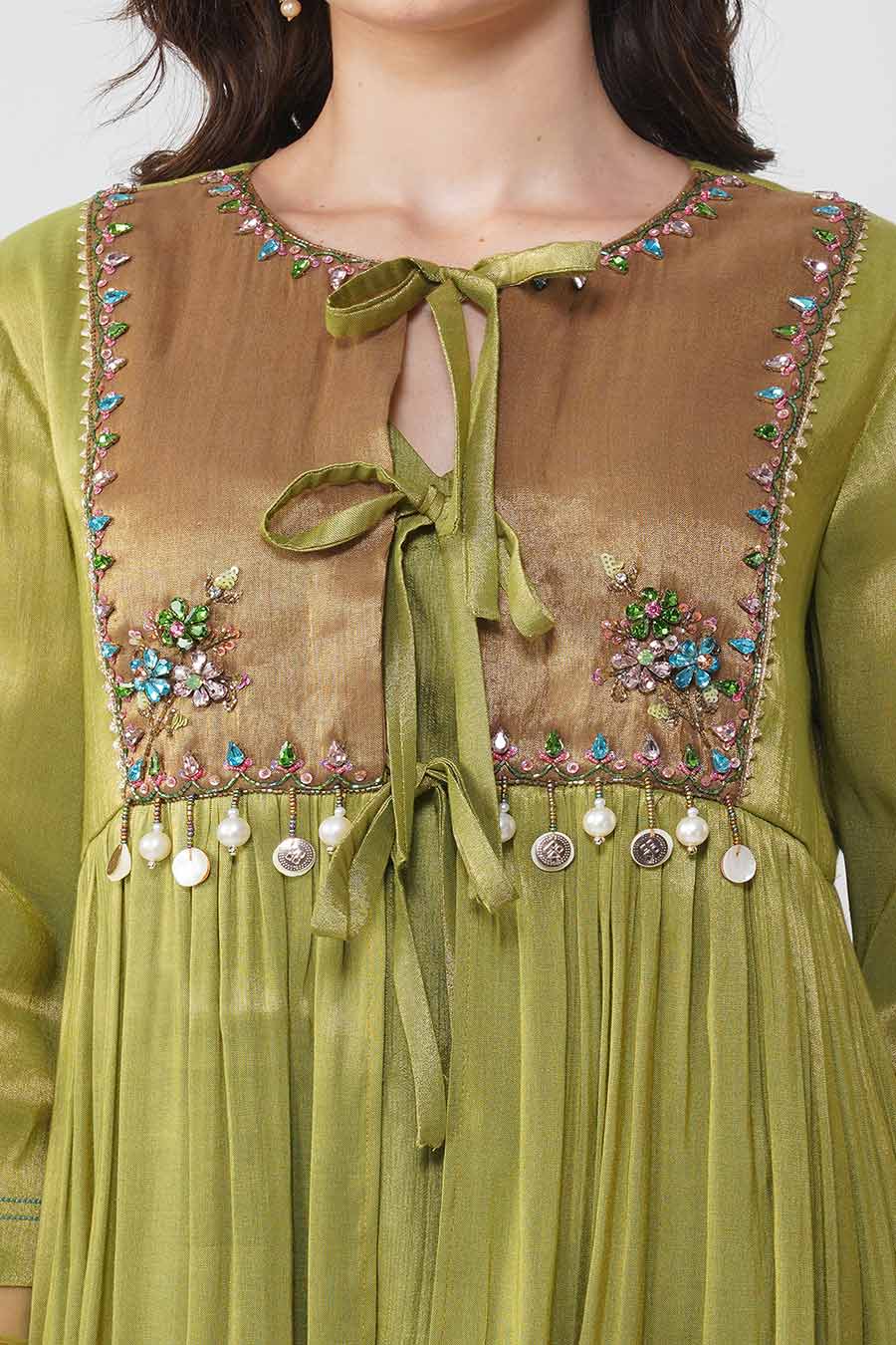 Green Crystal Flower Gathered Kurta & Pant Set