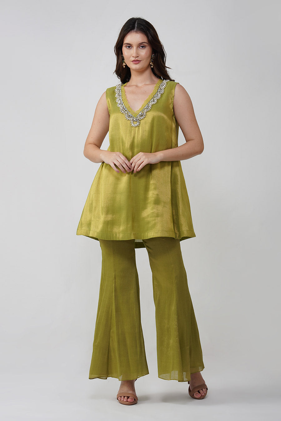 Green Crystal Scalloped Tunic & Pant Set With Scarf