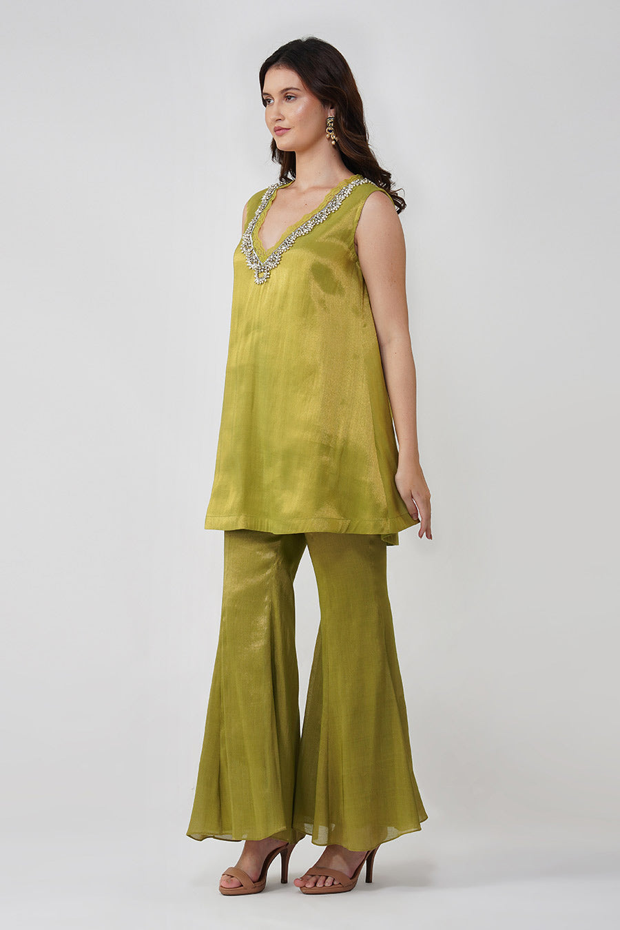 Green Crystal Scalloped Tunic & Pant Set With Scarf