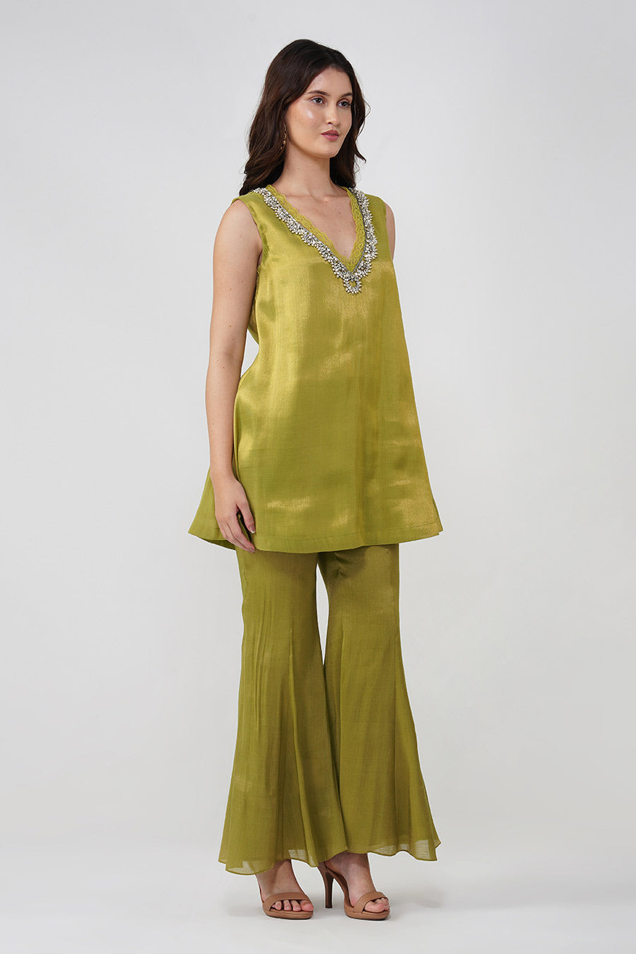 Green Crystal Scalloped Tunic & Pant Set With Scarf