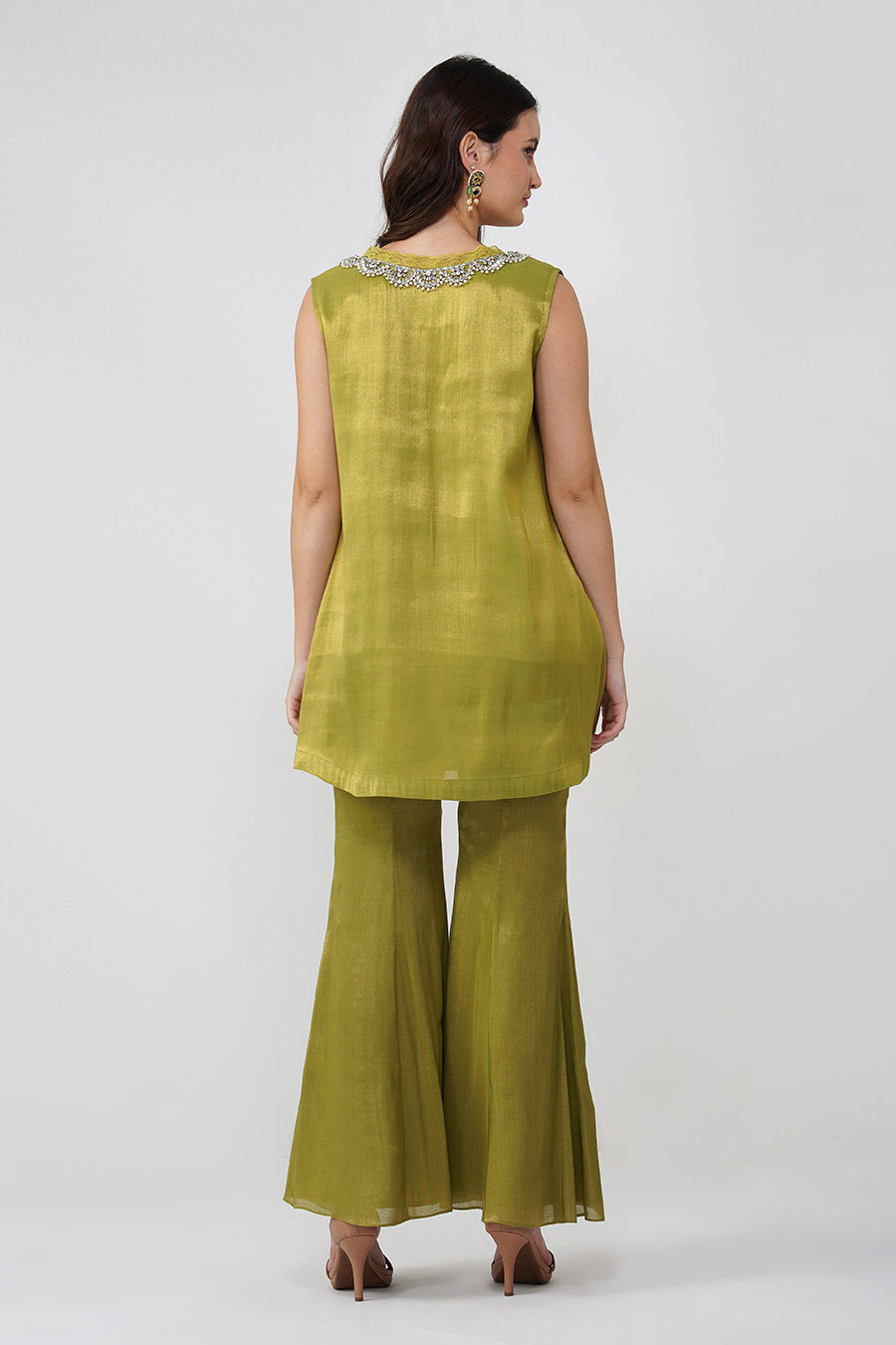 Green Crystal Scalloped Tunic & Pant Set With Scarf