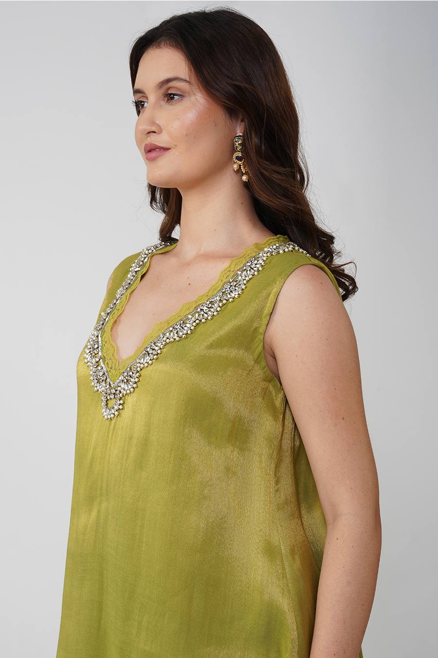 Green Crystal Scalloped Tunic & Pant Set With Scarf