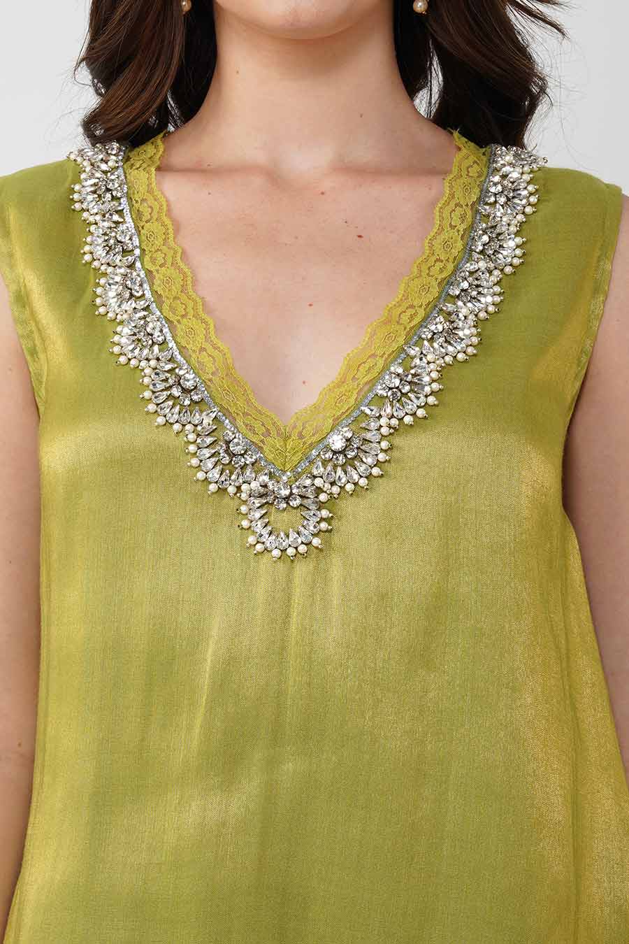 Green Crystal Scalloped Tunic & Pant Set With Scarf