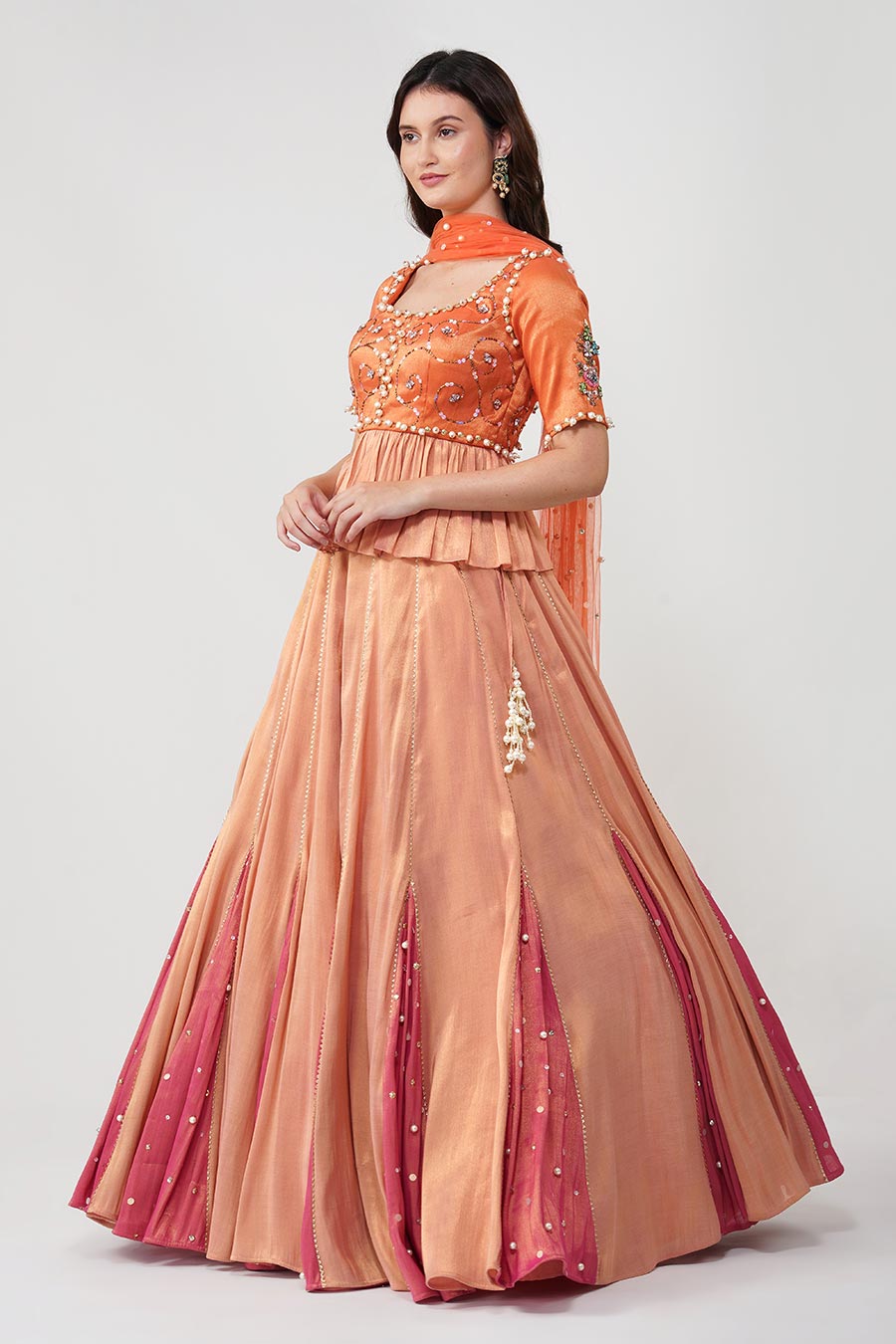Pink & Orange Pearl Embroidered Lehenga Set