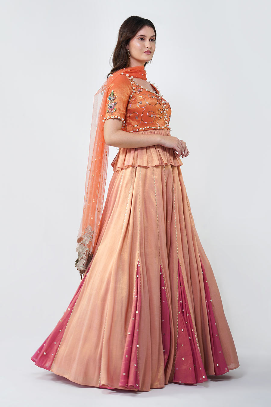 Pink & Orange Pearl Embroidered Lehenga Set