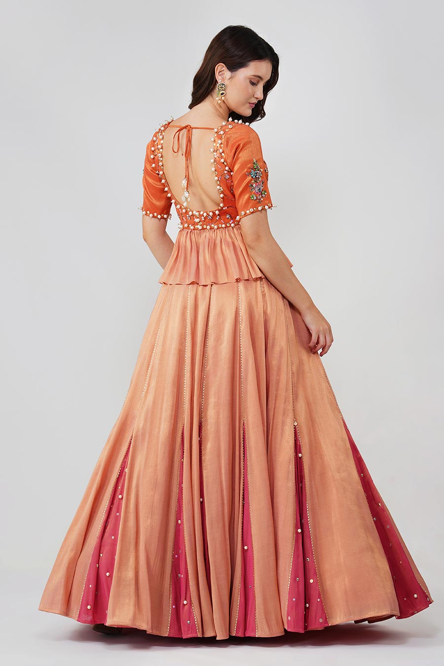Pink & Orange Pearl Embroidered Lehenga Set
