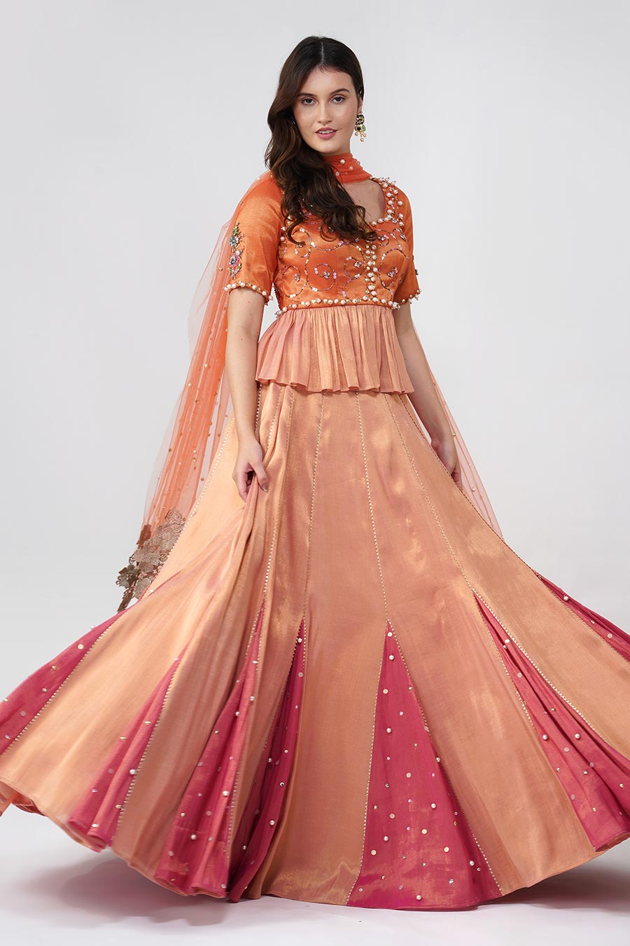 Pink & Orange Pearl Embroidered Lehenga Set