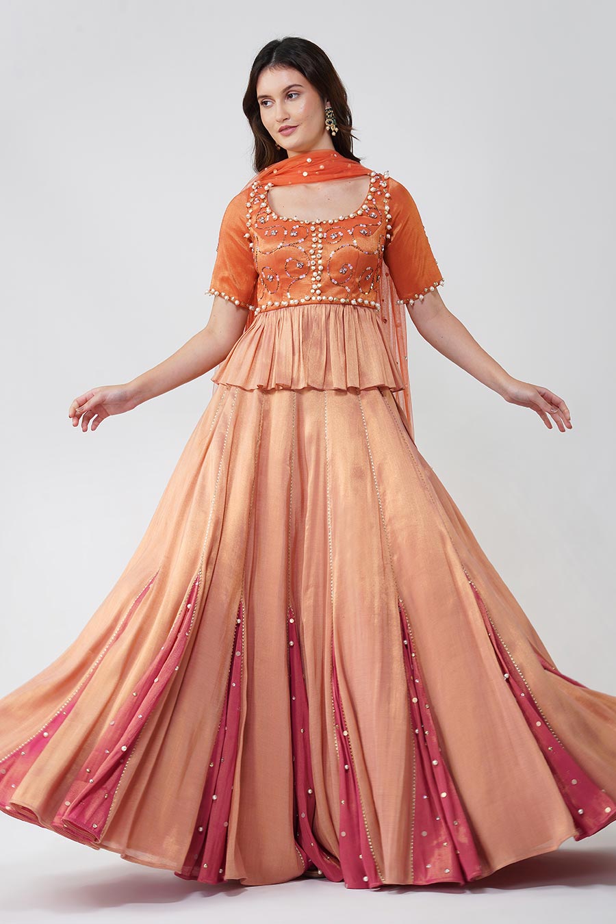 Pink & Orange Pearl Embroidered Lehenga Set