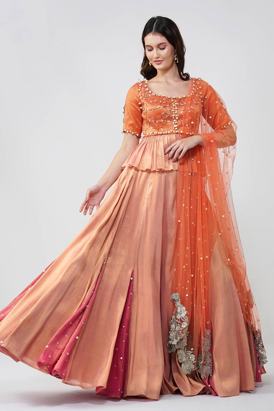 Pink & Orange Pearl Embroidered Lehenga Set