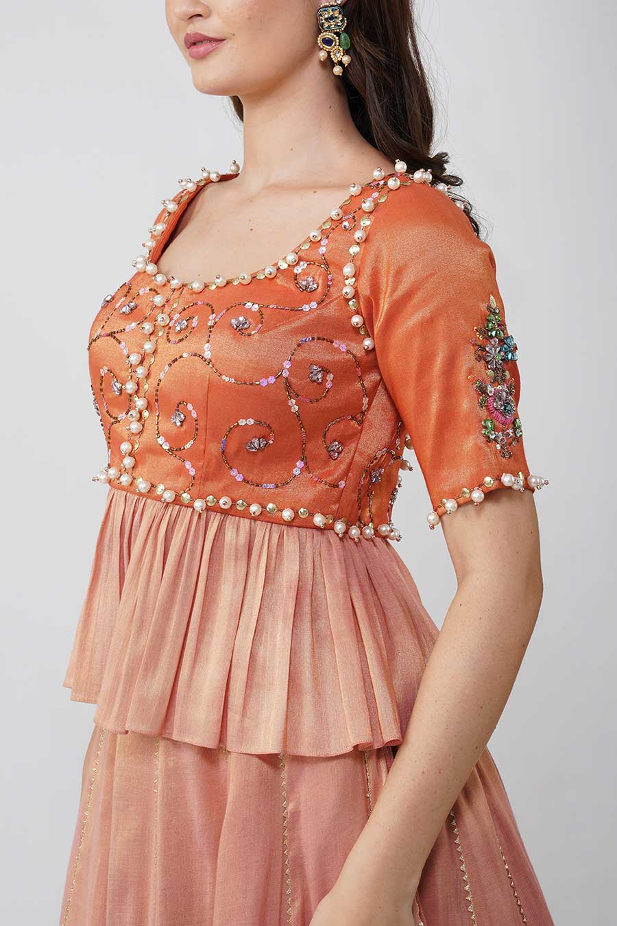 Pink & Orange Pearl Embroidered Lehenga Set