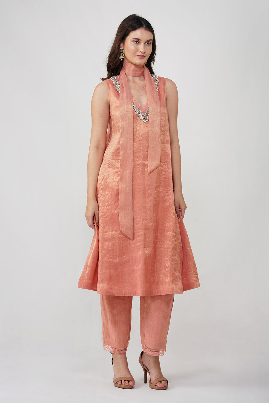 Pink Crystal Scalloped Kurta & Pant Set With Scarf