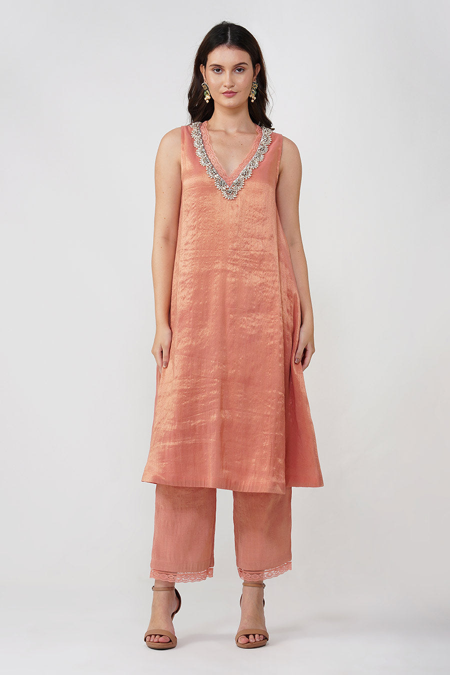 Pink Crystal Scalloped Kurta & Pant Set With Scarf