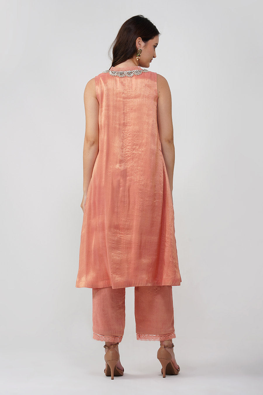 Pink Crystal Scalloped Kurta & Pant Set With Scarf