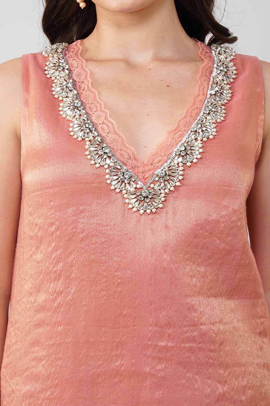 Pink Crystal Scalloped Kurta & Pant Set With Scarf