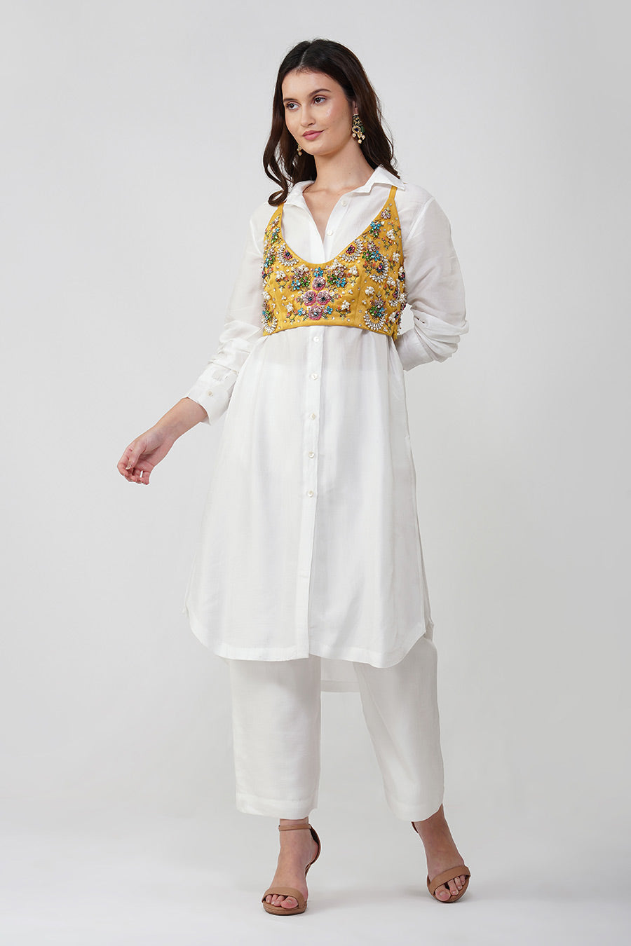 Ivory Shirt Tunic & Pant Set With Embroidered Blouse