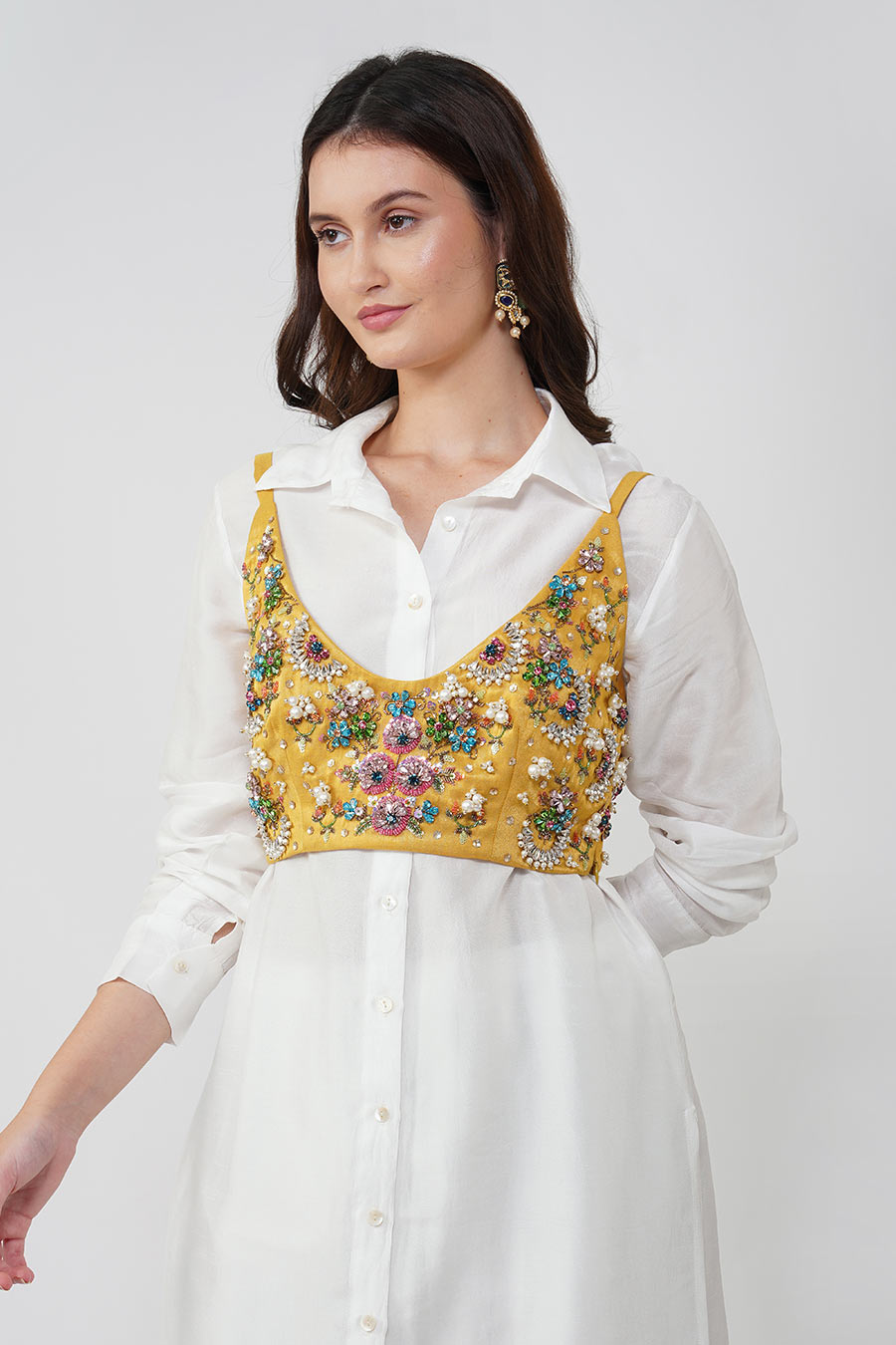 Ivory Shirt Tunic & Pant Set With Embroidered Blouse