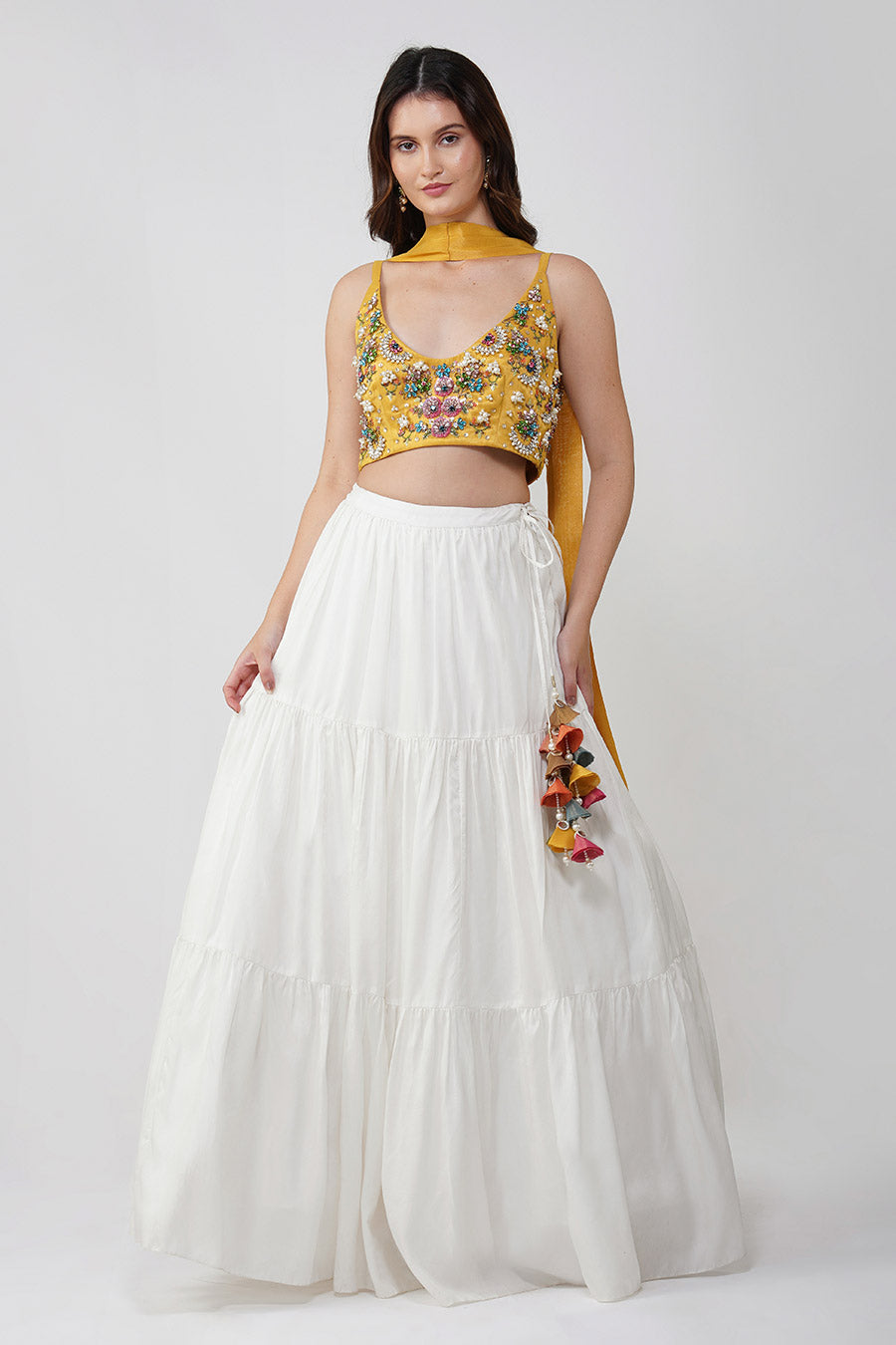 Ivory & Yellow Crystal Flower Lehenga Set With Scarf