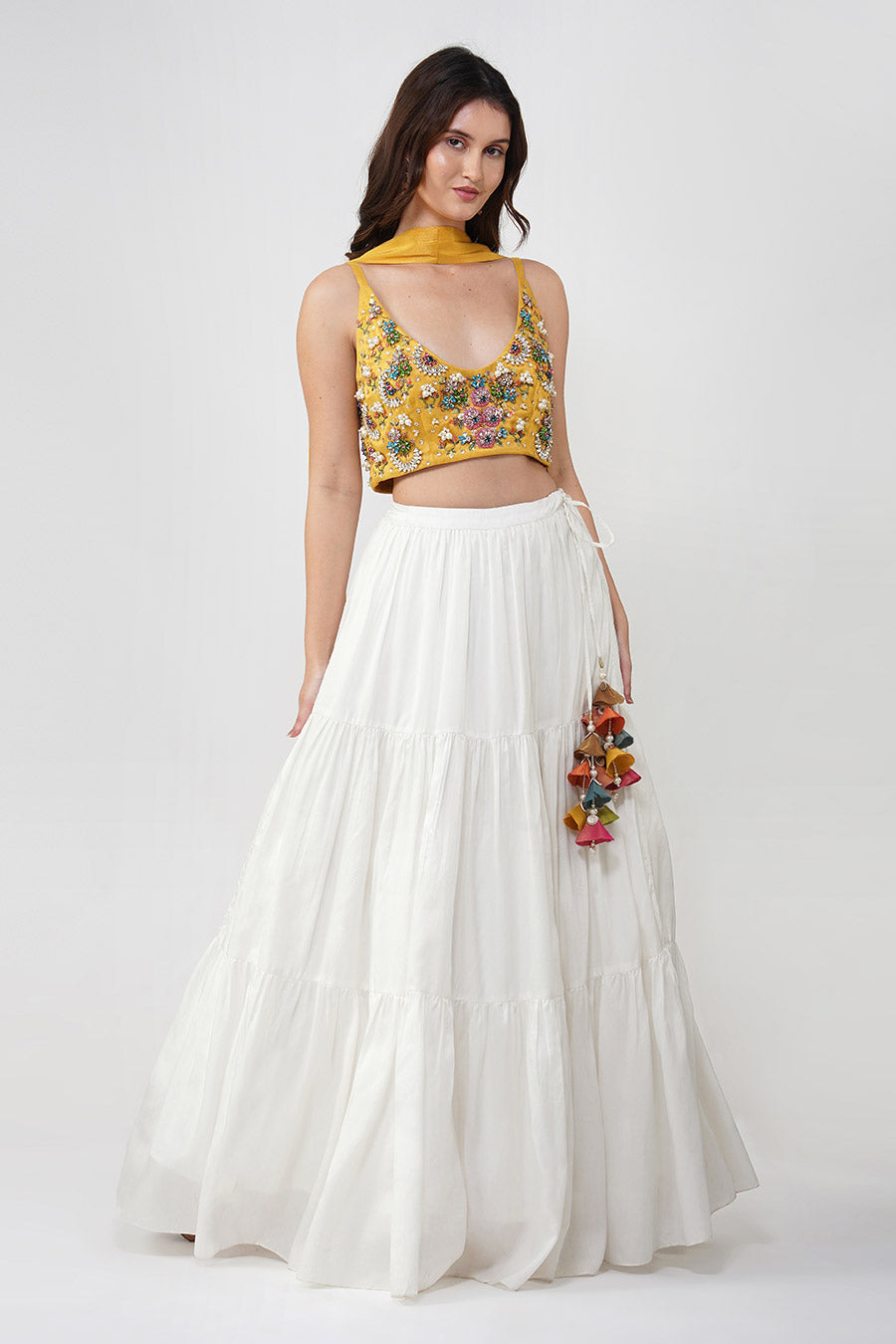 Ivory & Yellow Crystal Flower Lehenga Set With Scarf