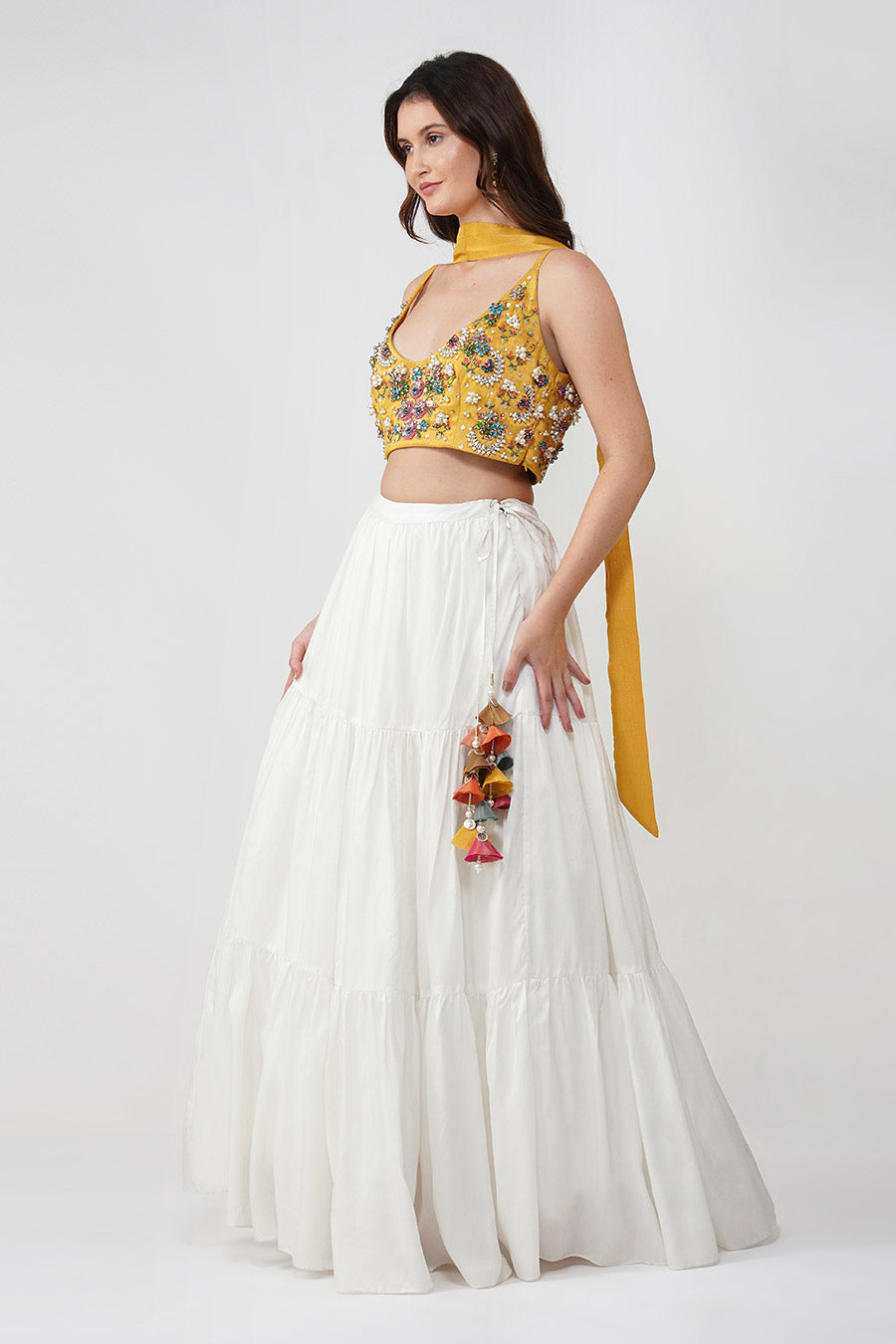 Ivory & Yellow Crystal Flower Lehenga Set With Scarf