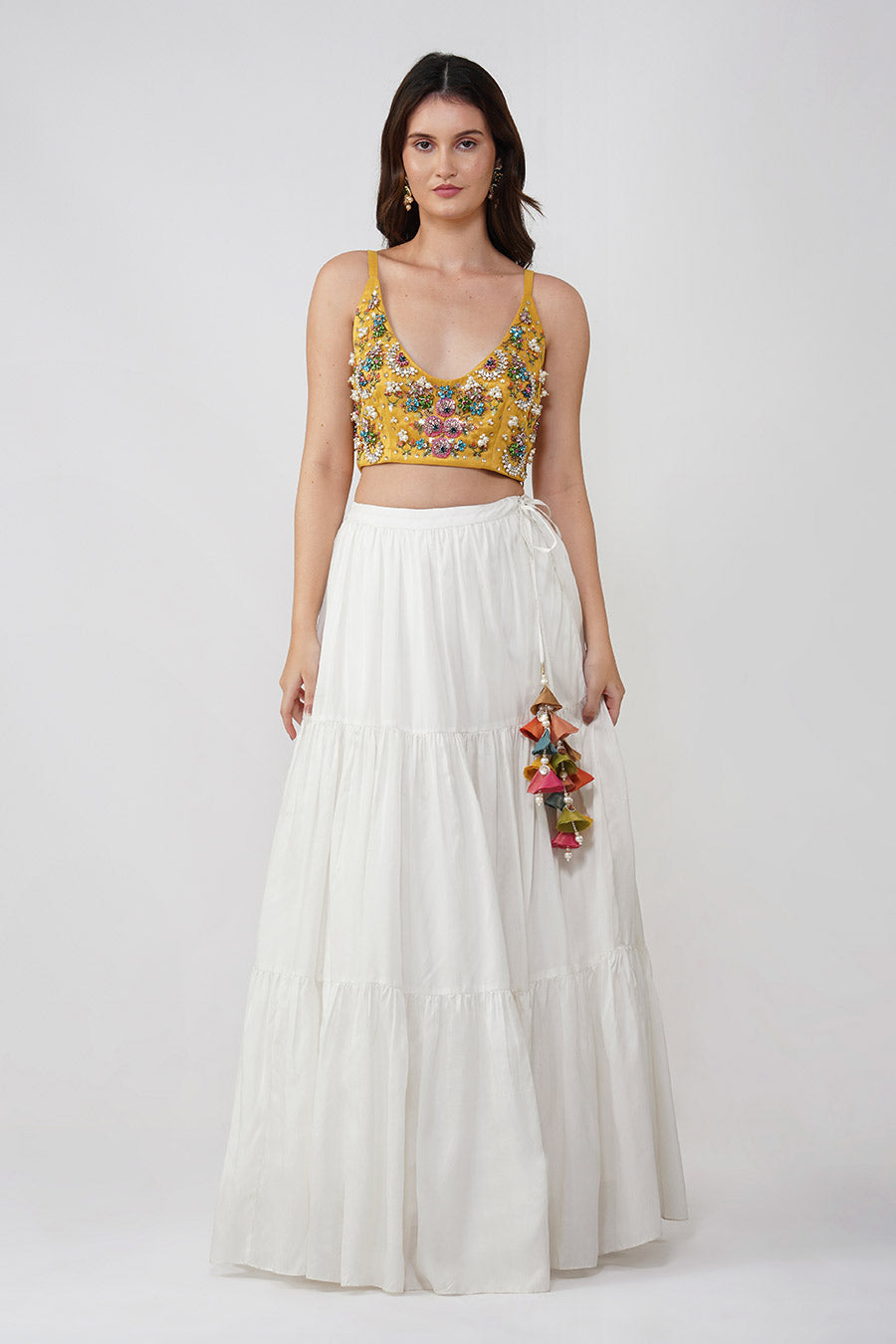 Ivory & Yellow Crystal Flower Lehenga Set With Scarf
