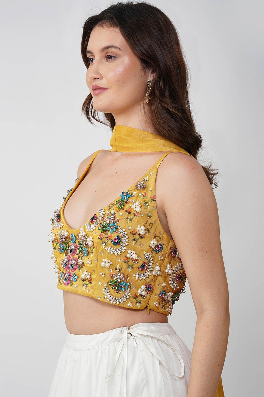 Ivory & Yellow Crystal Flower Lehenga Set With Scarf