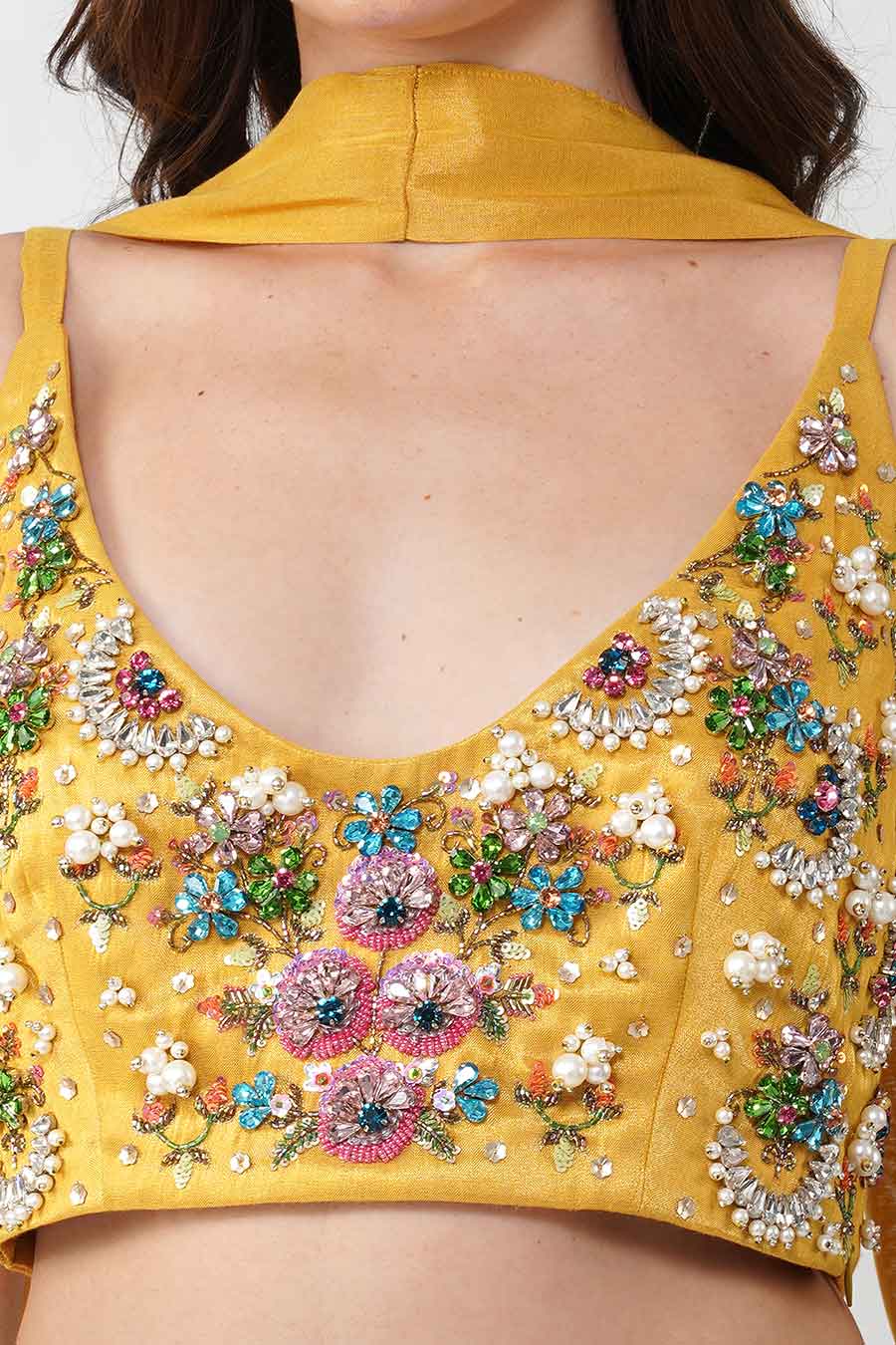 Ivory & Yellow Crystal Flower Lehenga Set With Scarf