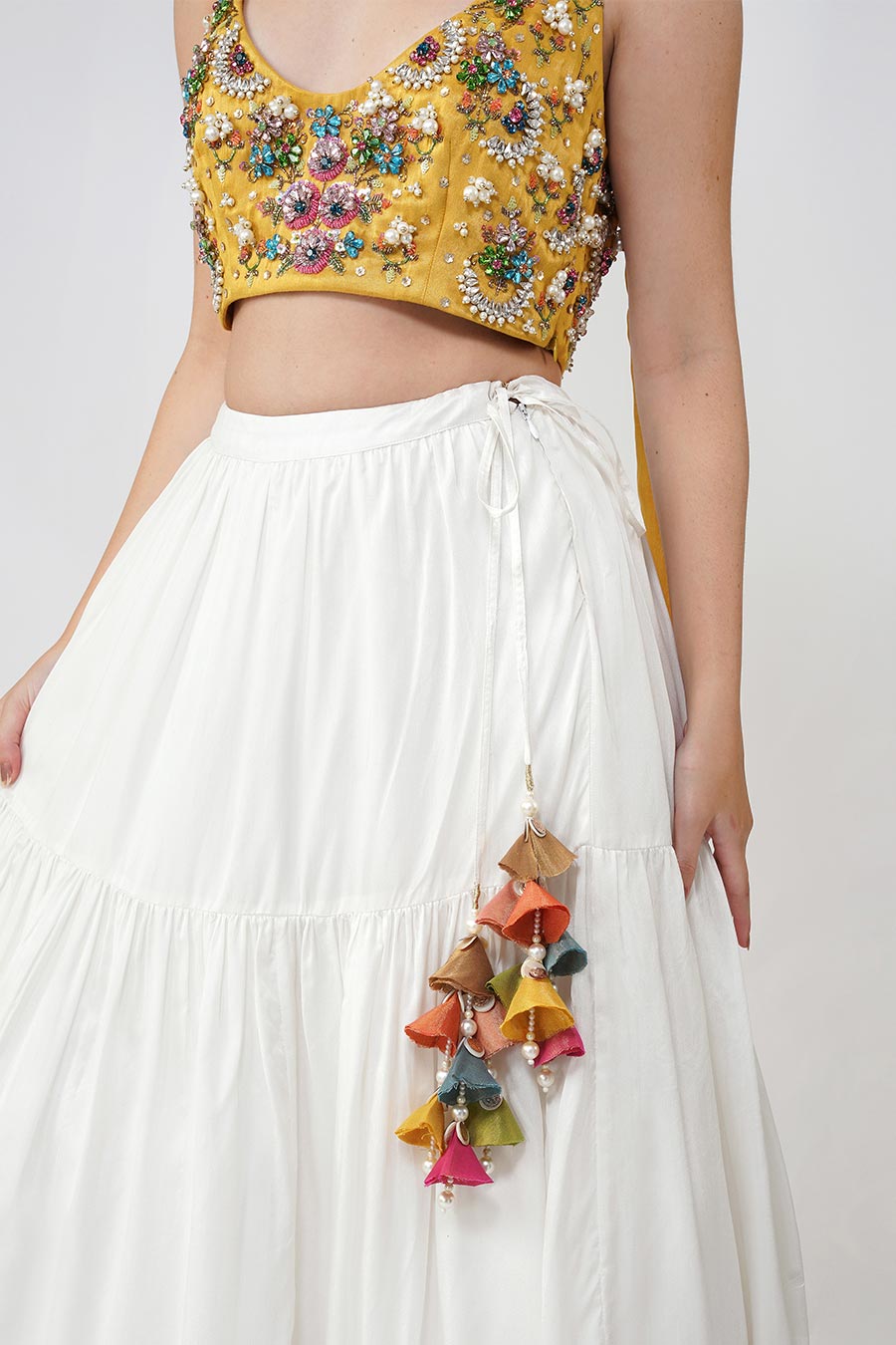 Ivory & Yellow Crystal Flower Lehenga Set With Scarf