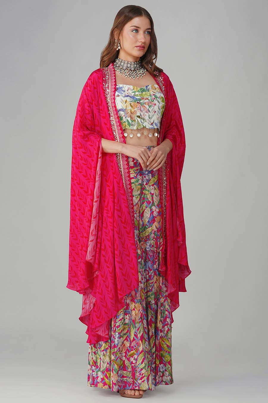 Rani Pink Leaf Printed Blouse, Gharara & Cape Set