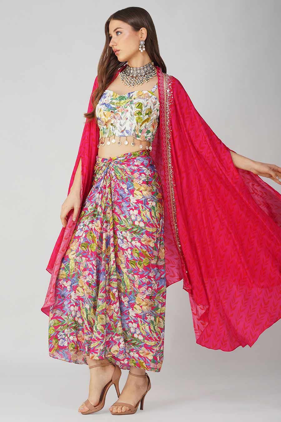 Rani Pink Leaf Printed Blouse, Skirt & Cape Set