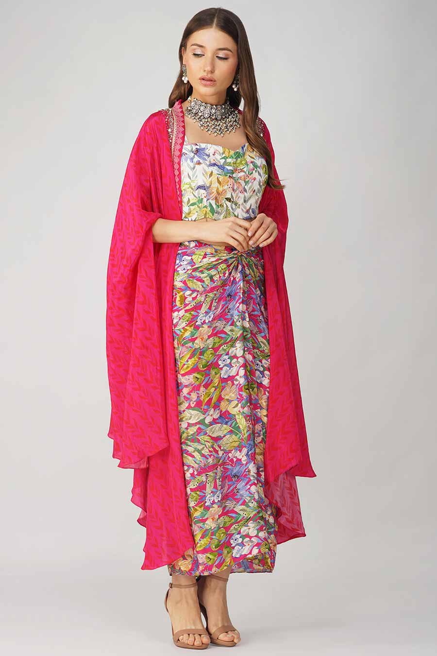Rani Pink Leaf Printed Blouse, Skirt & Cape Set