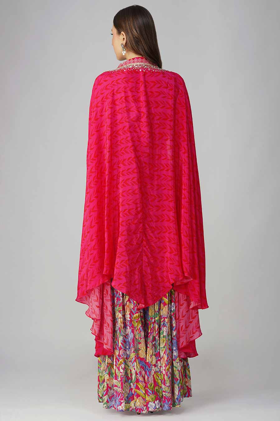 Rani Pink Leaf Printed Blouse, Skirt & Cape Set