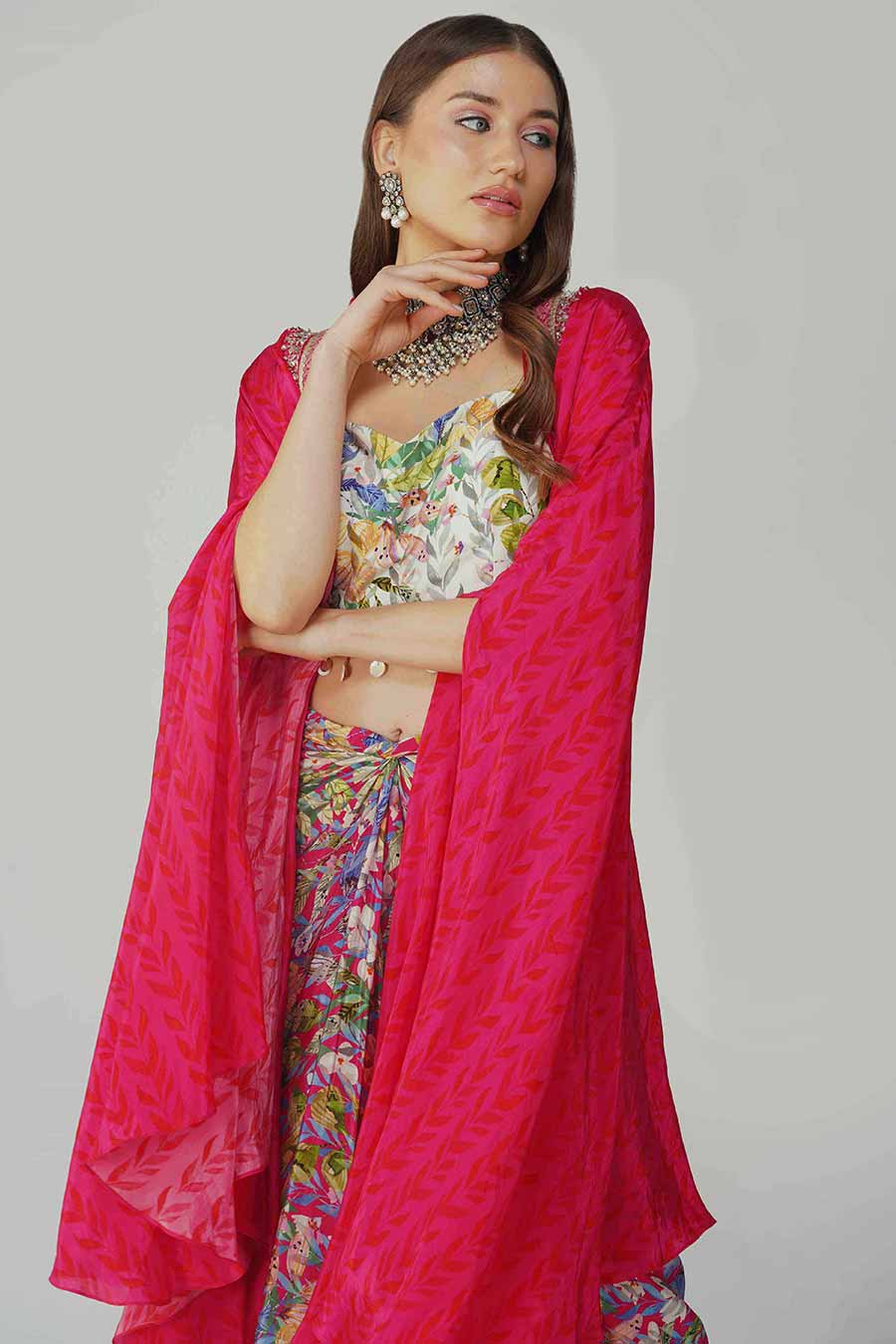 Rani Pink Leaf Printed Blouse, Skirt & Cape Set