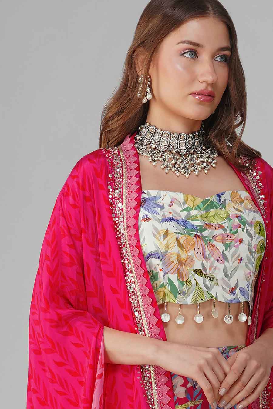 Rani Pink Leaf Printed Blouse, Skirt & Cape Set